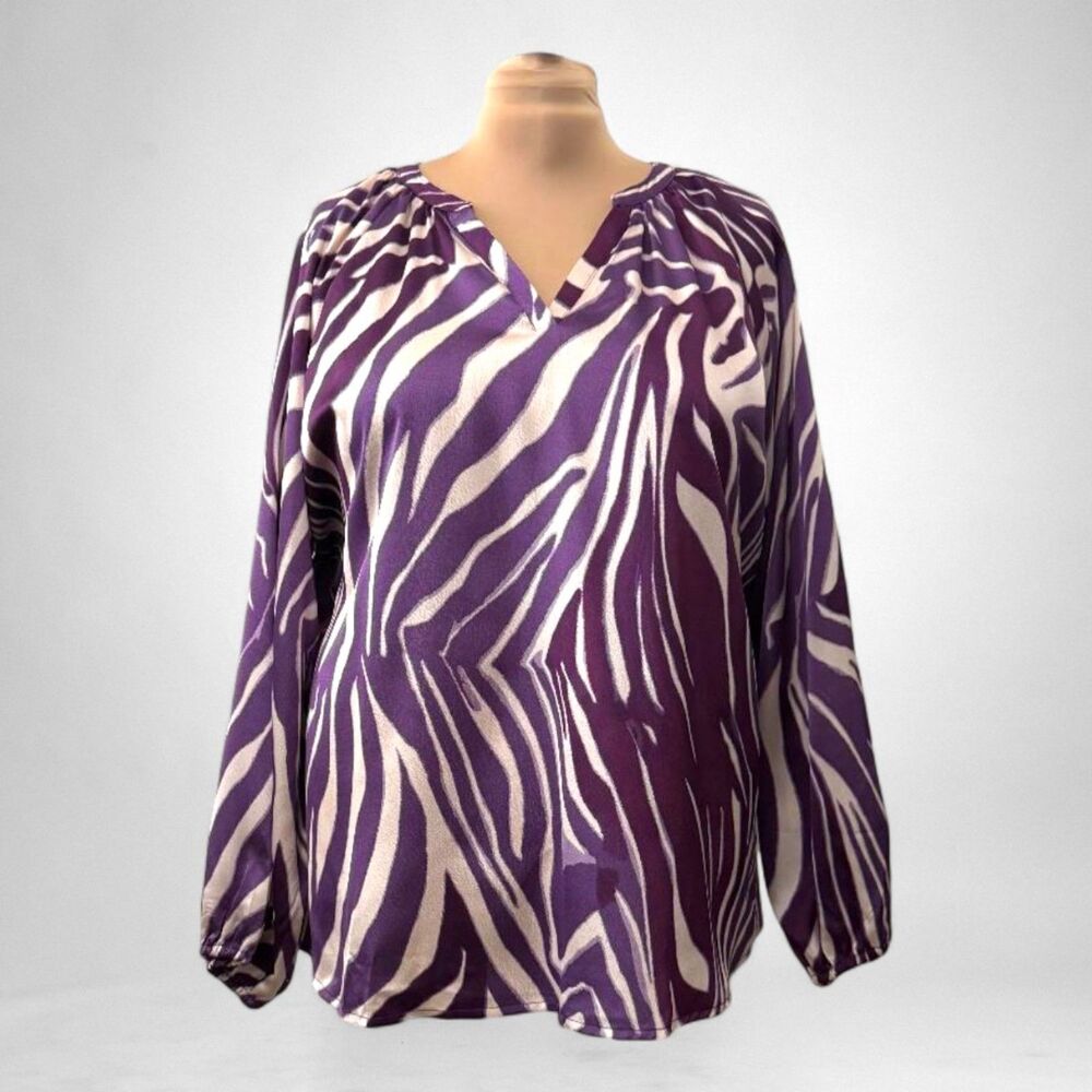 EASEL Purple Animal Print Long Sleeve Satin Blouse, NWT! Size 2X